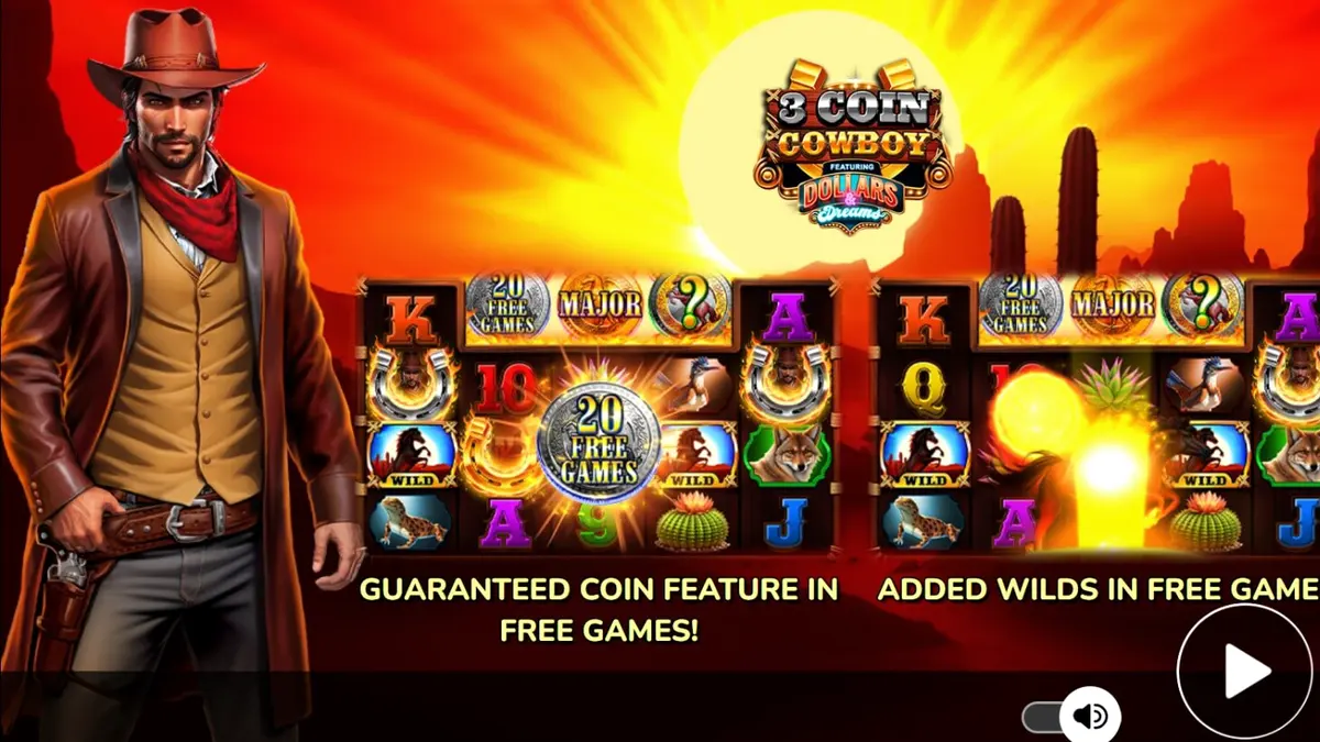 Isang tanawin ng Wild West na may mga simbolo ng cowboy at mga reel ng 3 Coin Cowboy Dollars & Dreams slot.