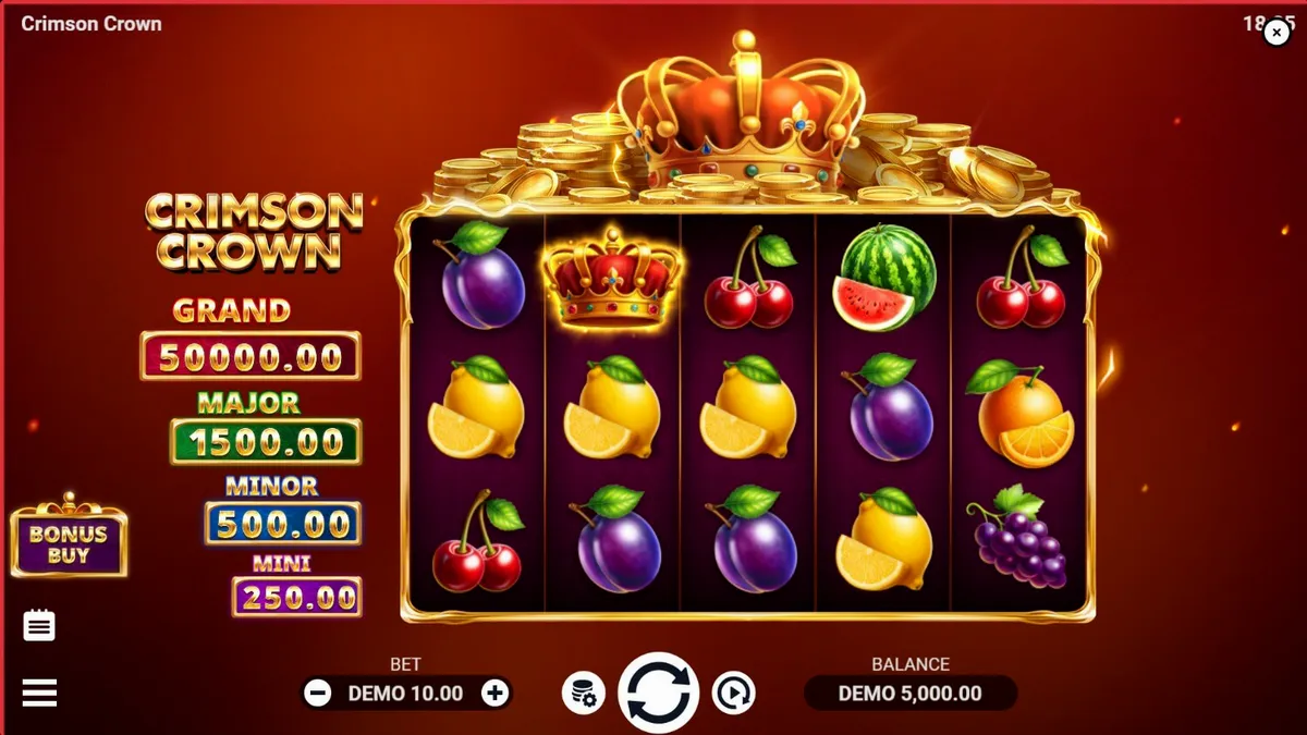 Ang Crimson Crown slot machine na nagtatampok ng mga prutas at korona sa isang marangyang background.