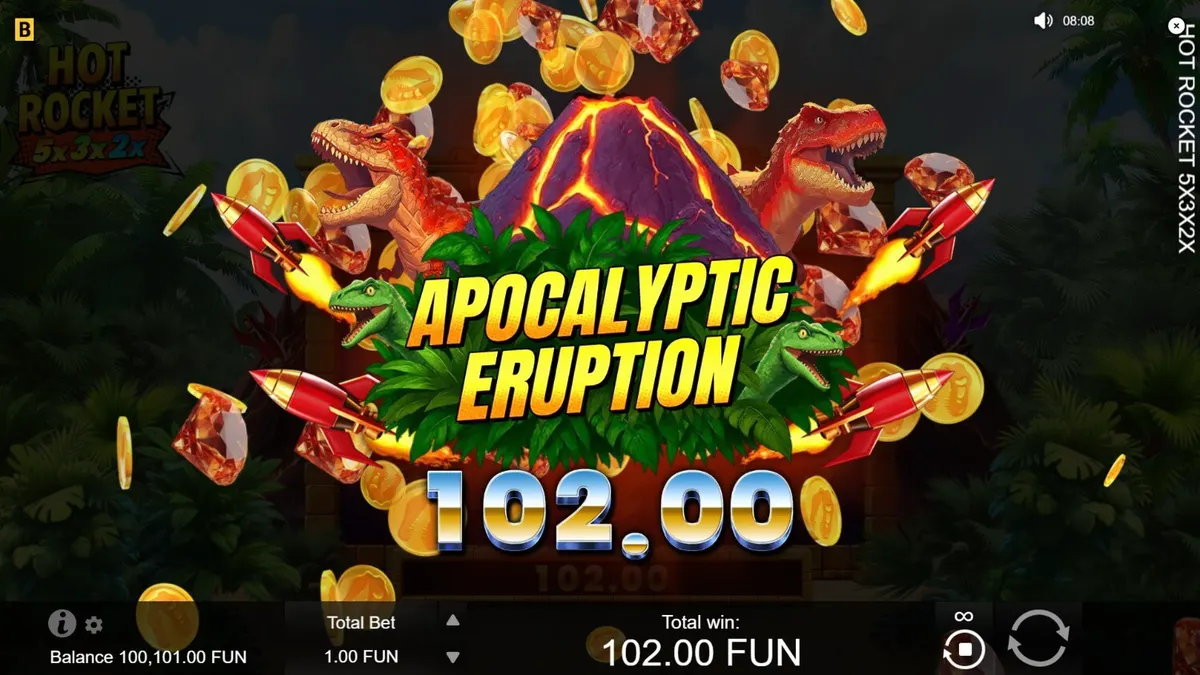 Hot Rocket 5x 3x 2x slot machine interface na may volcano theme