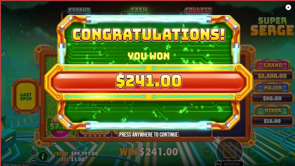 Isang futuristic na neon-lit na grid ng slot machine na may mga simbolo ng kagamitan at kuryente.